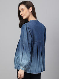 Janasya Women's Blue Denim Faded Flared Top