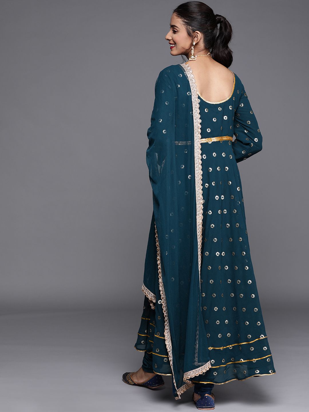 Libas Women Blue Embroidered Anarkali Kurta with Churidar & With Dupatta