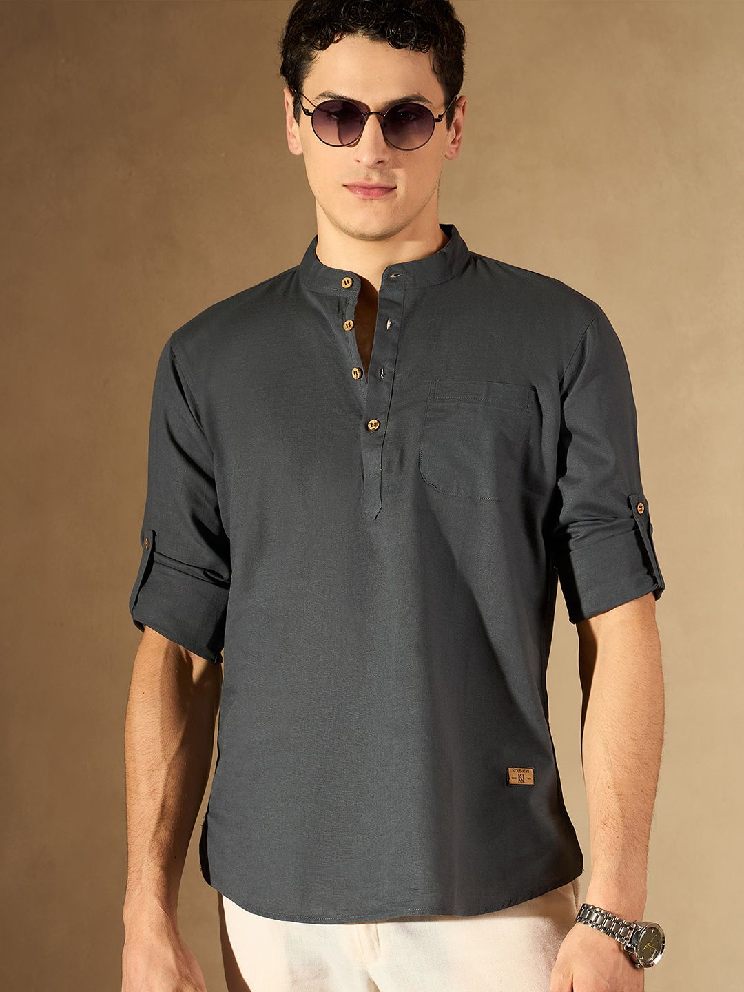 DENNISON Men Grey Pure Cotton Solid Kurta