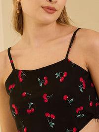 Berrylush Black Conversational Printed Shoulder Straps Fitted Crop Top