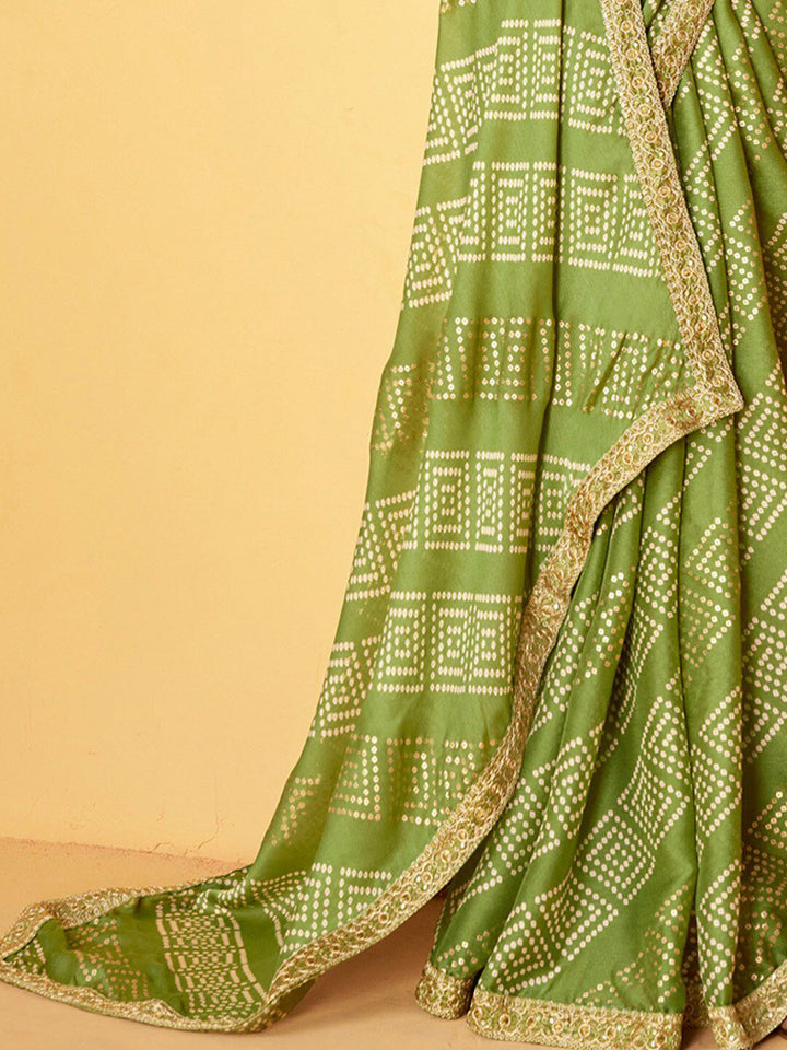 Saree mall Green Bandhani Printed Embroidered Poly Chiffon Saree