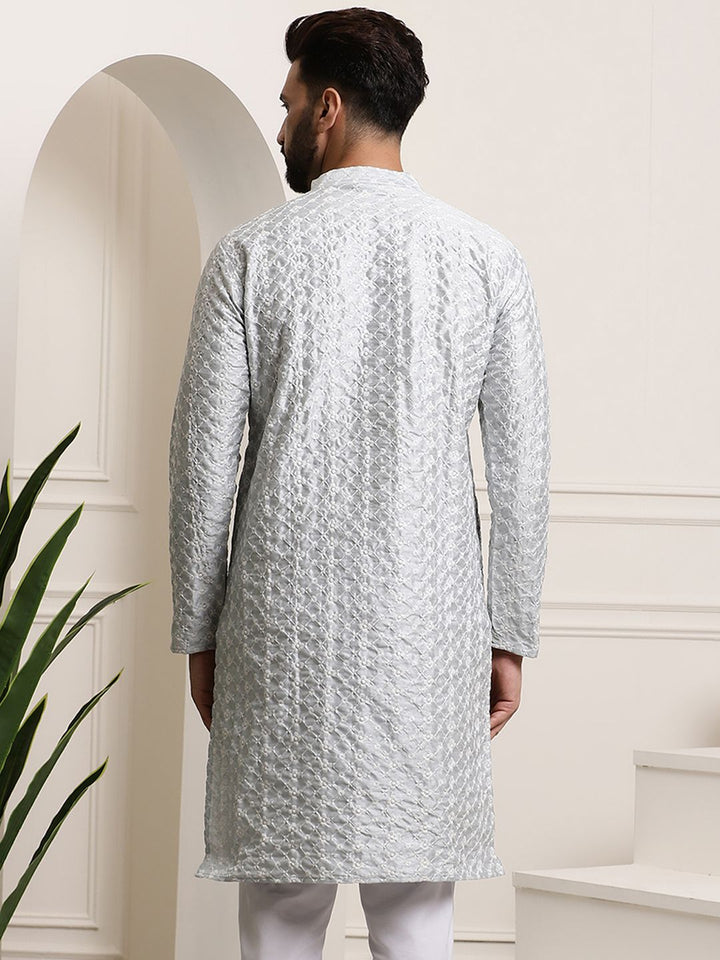 SOJANYA Men Grey & White Geometric Embroidered Straight Kurta