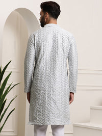 SOJANYA Men Grey & White Geometric Embroidered Straight Kurta