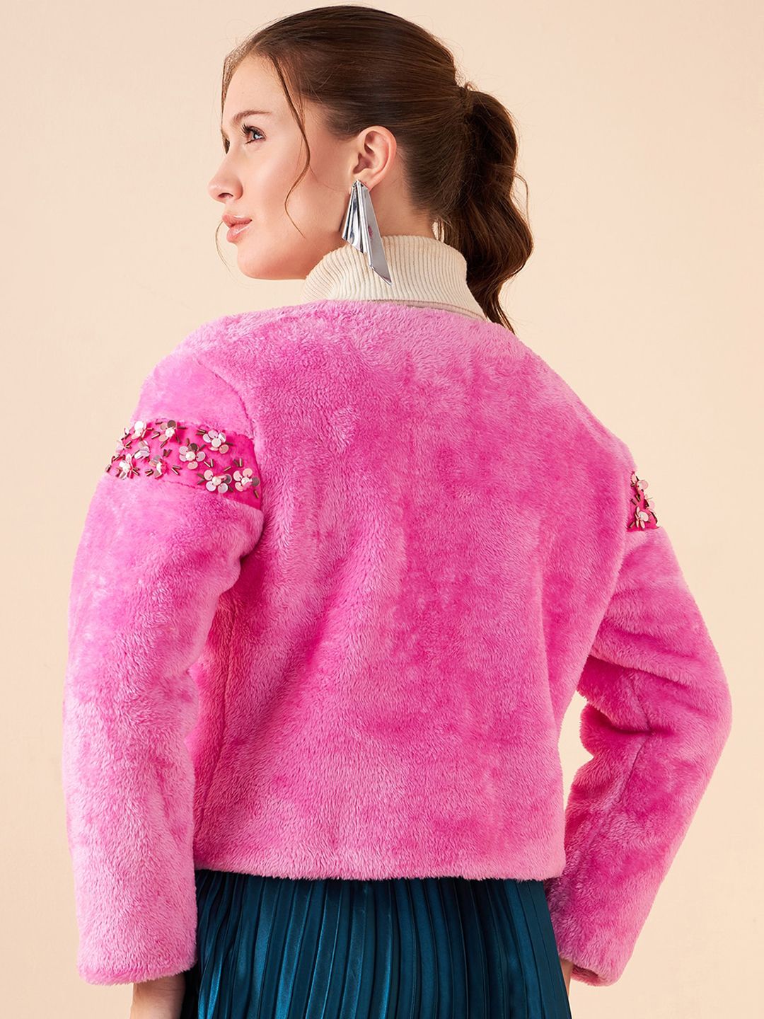 Antheaa Pink Self Design Collarless Long Sleeves Studded Tailored Jacket