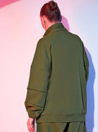 Street 9 Olive Green Mock Collar Fleece Sweatshirt