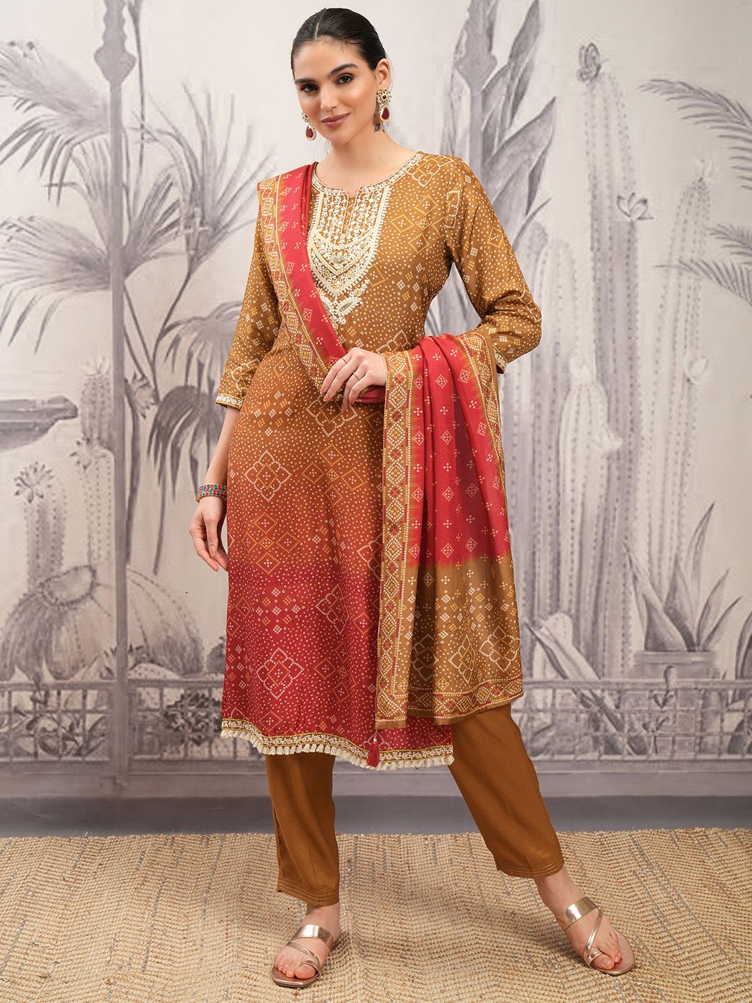 Vishudh Brown Ethnic Motifs Regular Thread Work Straight Kurta With Trousers & Dupatta