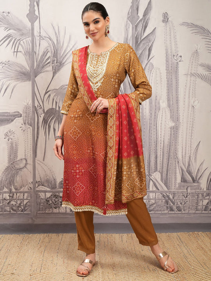 Vishudh Brown Ethnic Motifs Regular Thread Work Straight Kurta With Trousers & Dupatta