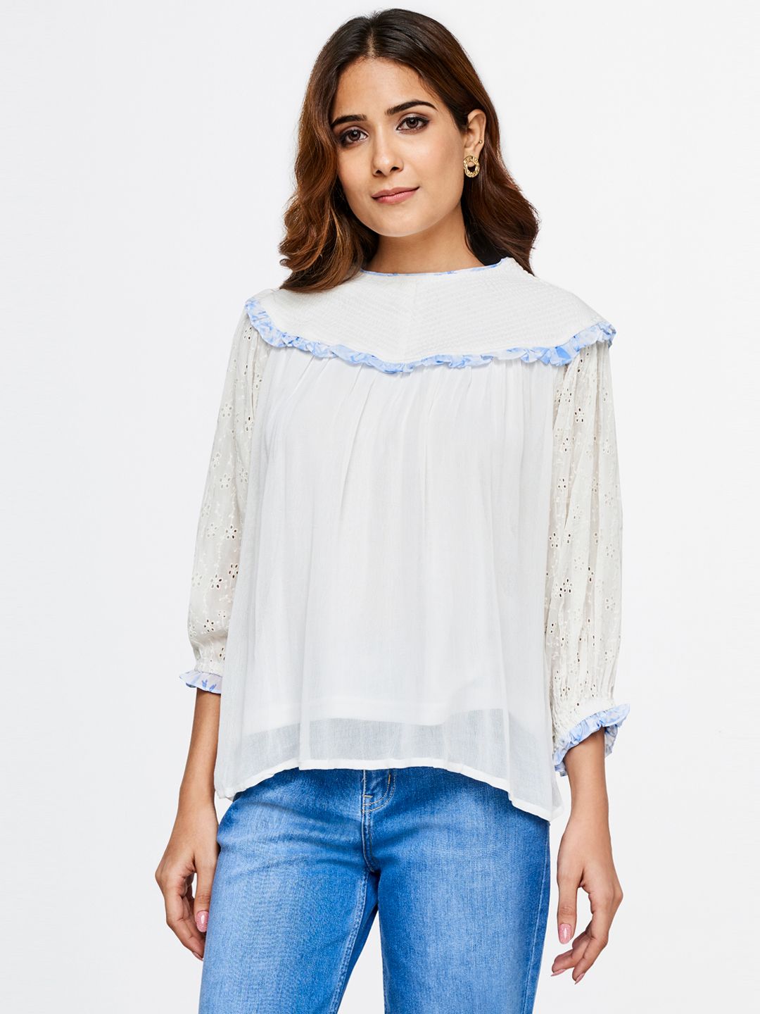 AND Smocked Detail Schiffli Puff Sleeve Top