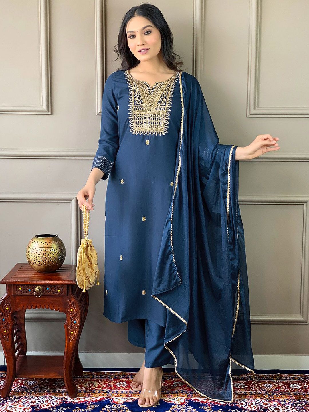 KALINI Floral Embroidered Regular Sequinned Kurta ,Trousers & Dupatta