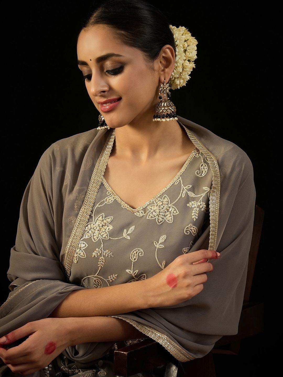 Indo Era V Neck Floral Embroidered Thread Work Kurta with Sharara & Dupatta