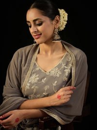 Indo Era V Neck Floral Embroidered Thread Work Kurta with Sharara & Dupatta