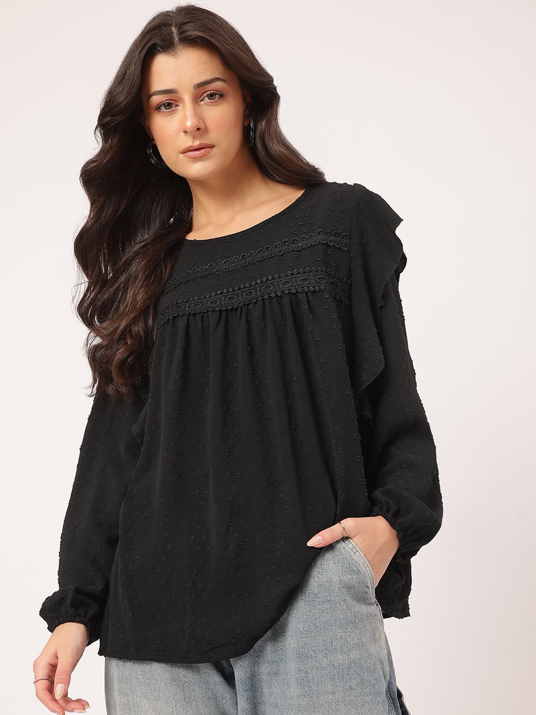 DressBerry Muted Melodies Dobby Weave Lace Inserts Ruffled Top