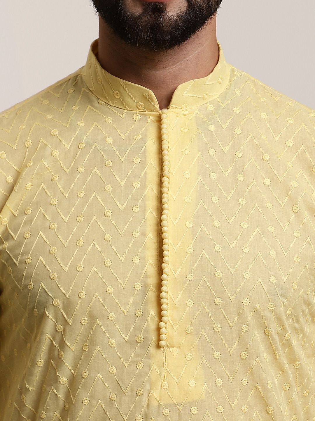 Anug by SOJANYA Men Yellow Embroidered Thread Work Mandarin Collar Kurta