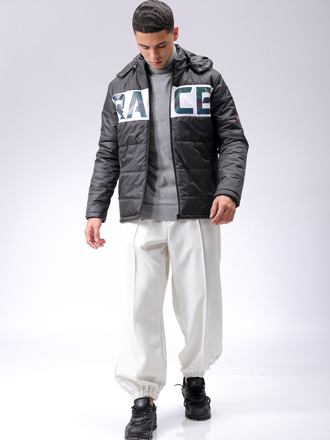 The Indian Garage Co Men Black Reflective Print Detachable Hood Padded Jacket