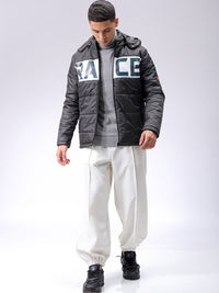 The Indian Garage Co Men Black Reflective Print Detachable Hood Padded Jacket
