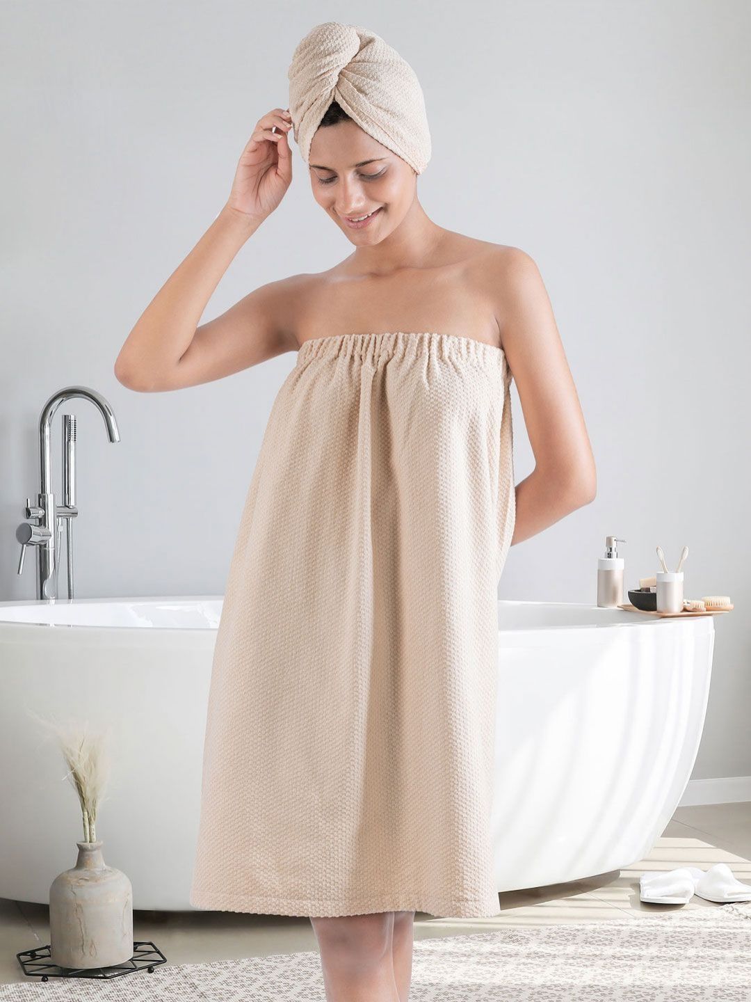 MYTRIDENT Beige Colored Cotton Body Wrap Bathrobe With Head Cap
