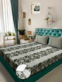 KLOTTHE Olive & White Floral Printed Cotton 400 TC Set Cadar King 2.5 m x 2.25 m