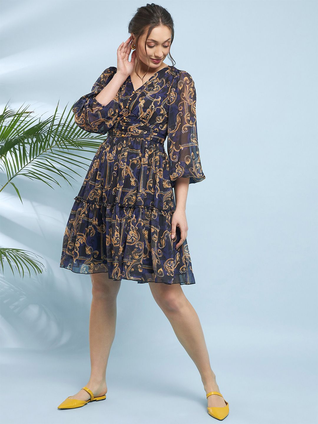 Antheaa Blue Ethnic Motifs Printed Flared Flared Sleeve V-Neck Fit & Flare Dress