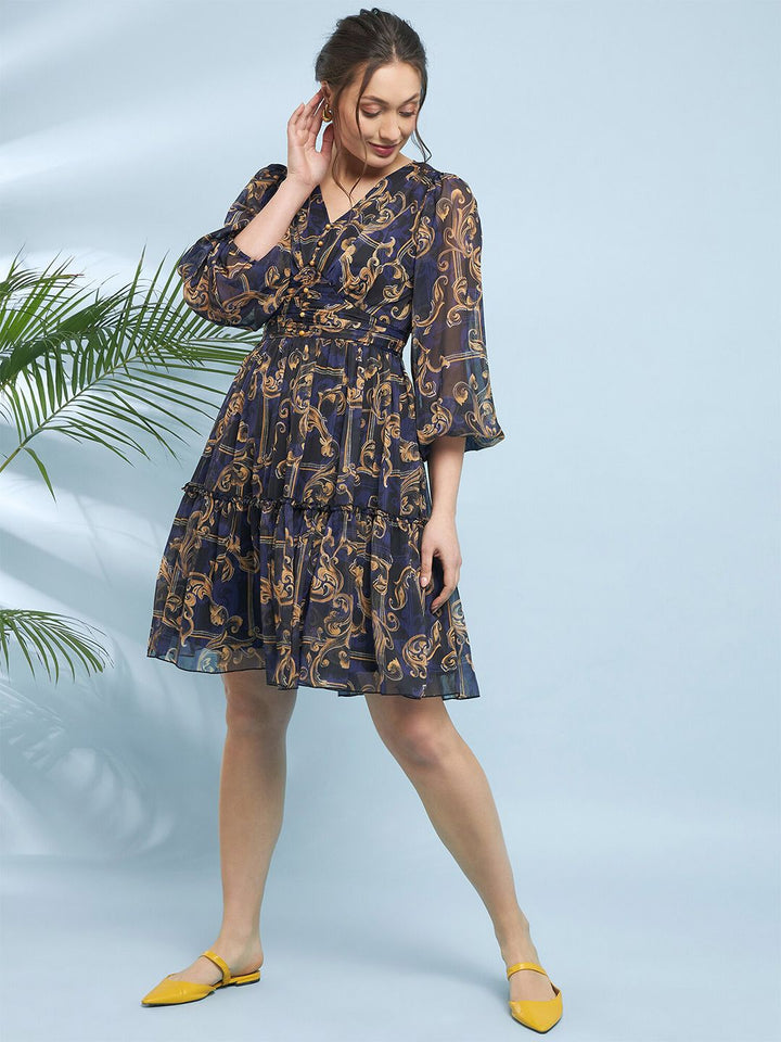Antheaa Blue Ethnic Motifs Printed Flared Flared Sleeve V-Neck Fit & Flare Dress