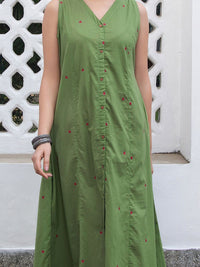 Janasya Women's Green Pure Cotton Geometric A-line Kurta Set