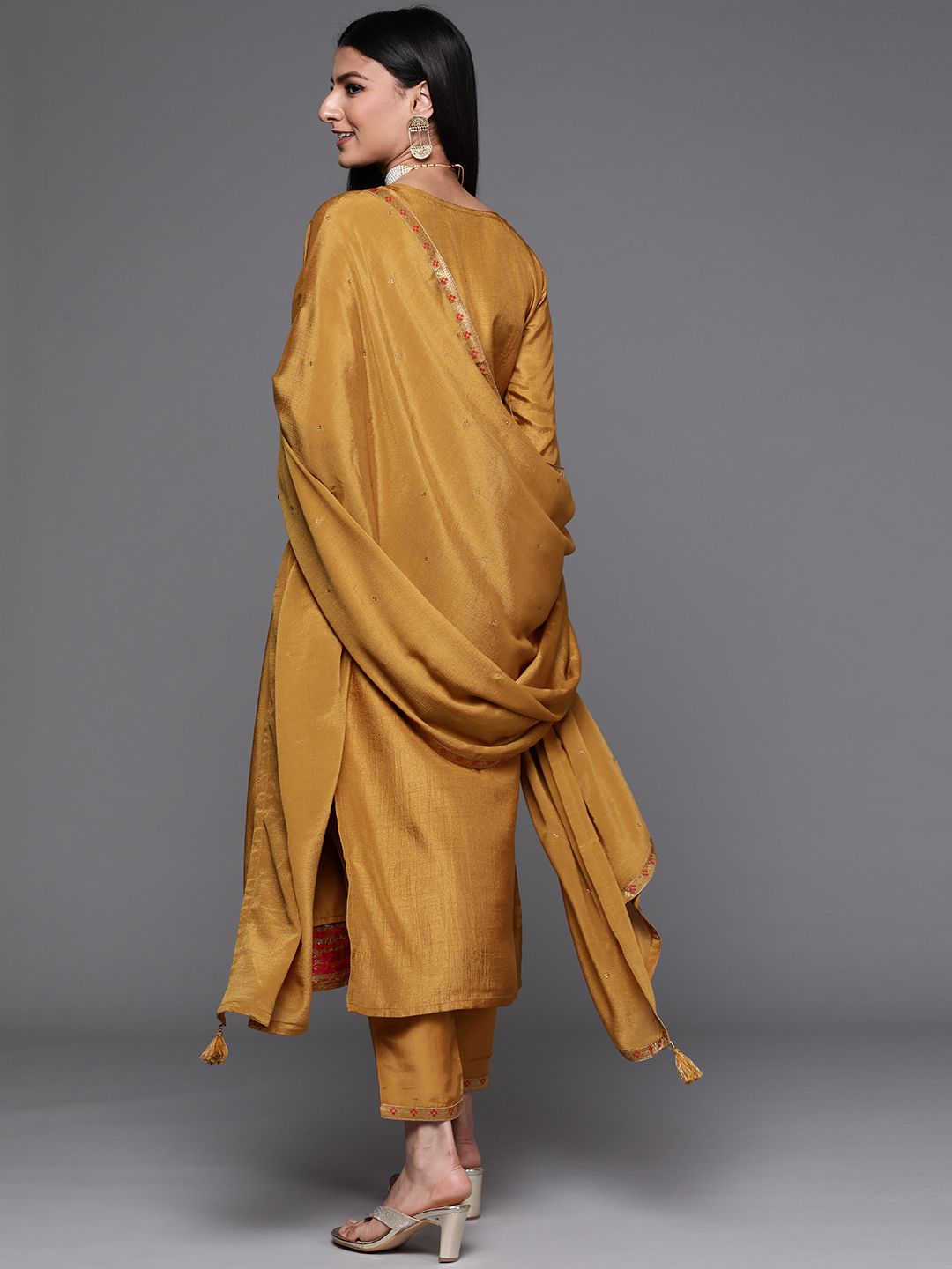 Libas Women Mustard Yellow & Gold Zari Woven Design Straight Kurta Trousers & With Dupatta
