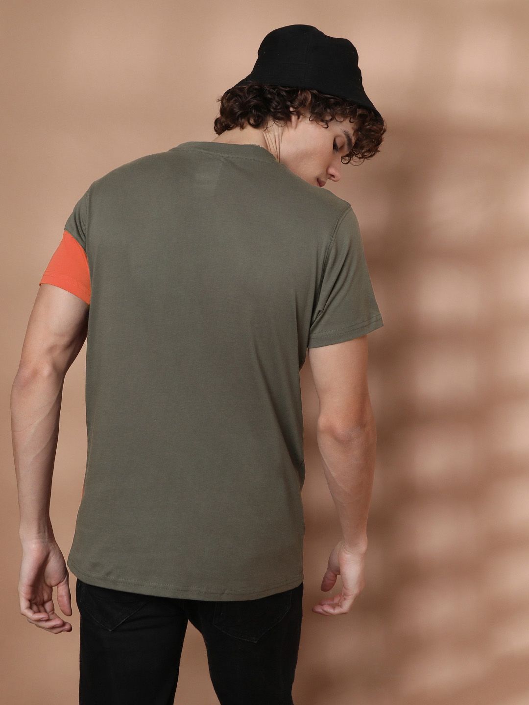 The Indian Garage Co Men Grey  Orange Colourblocked Round Neck Pure Cotton T-shirt