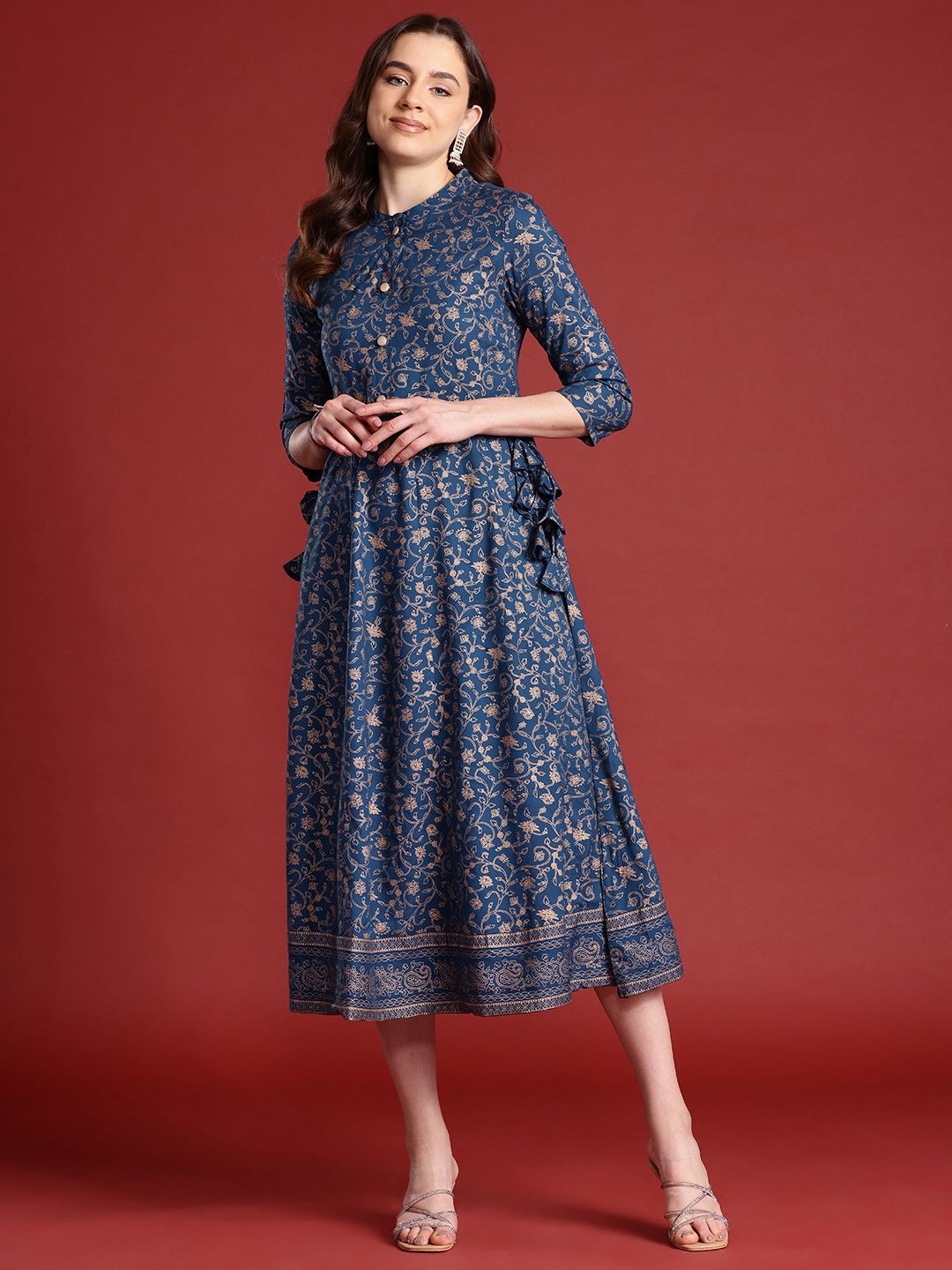 Anouk Tie-Up Tassels Detail Foil Print A-Line Midi Ethnic Dress