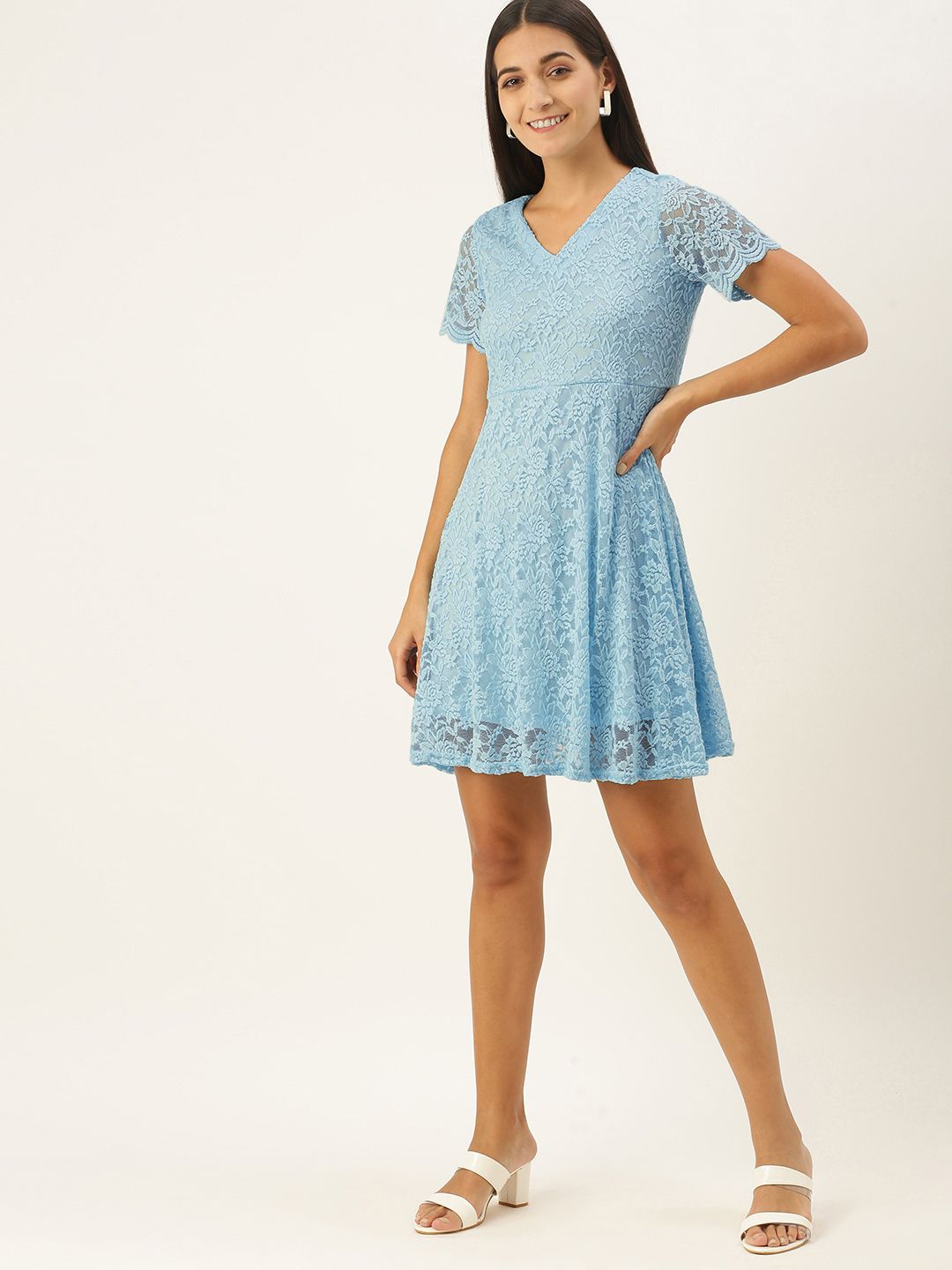 AND Women Blue Lace Inserts A-Line Dress