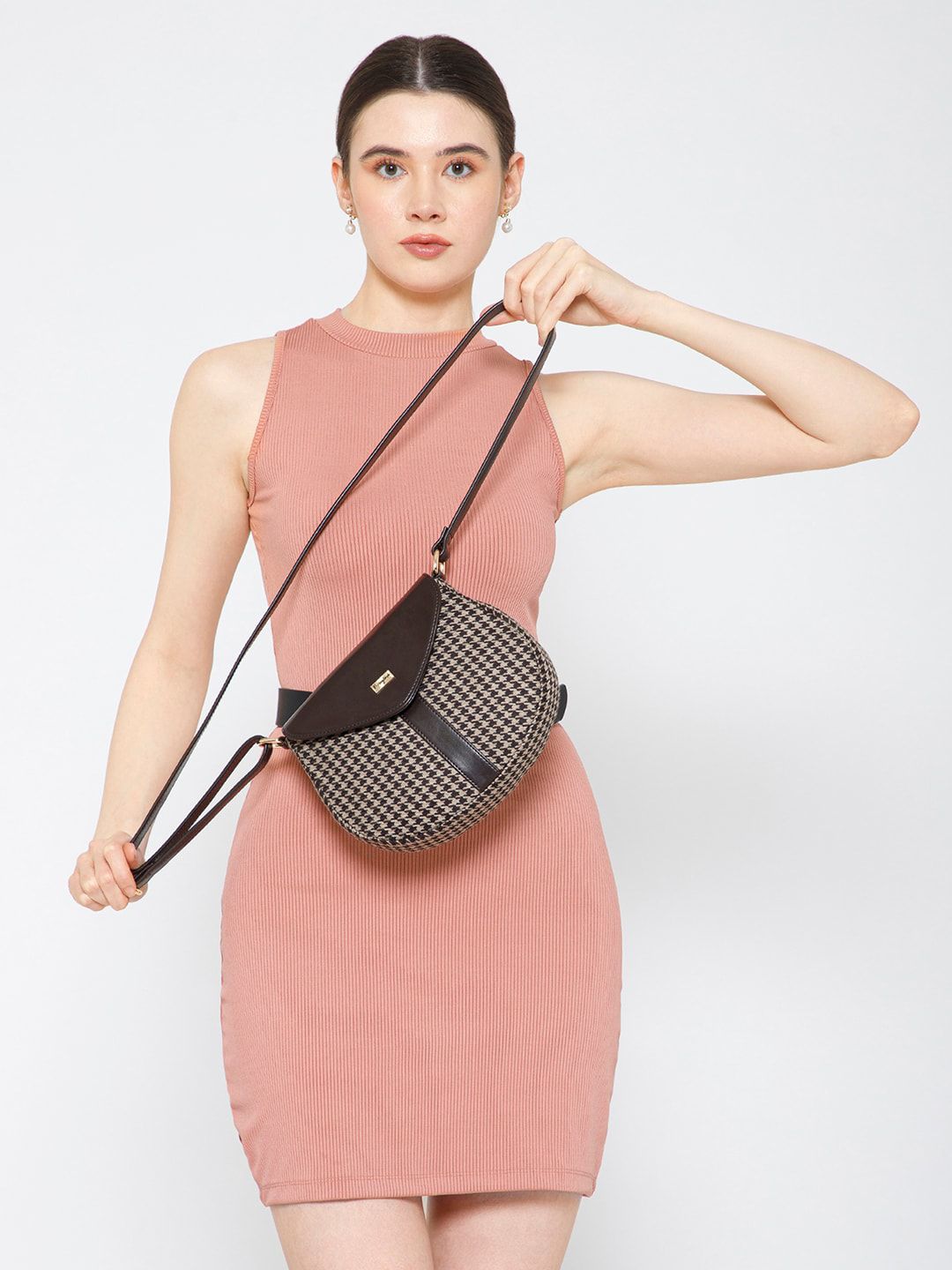 Berrylush Brown Geometric Self Design Structured Sling Bag