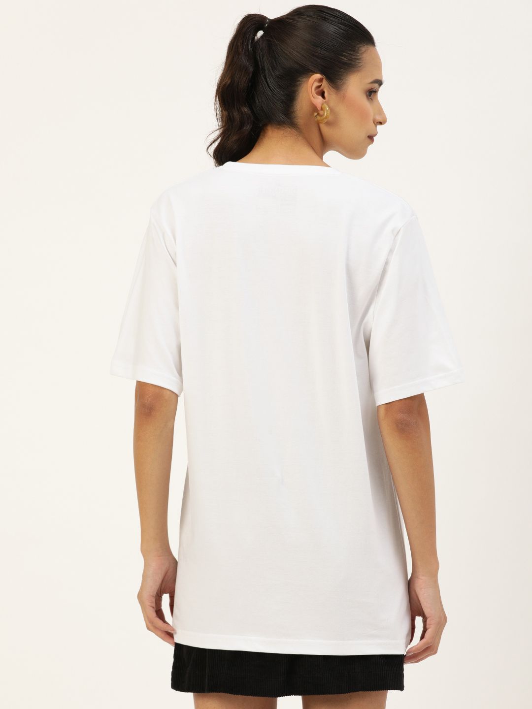 DILLINGER Women White Printed Round Neck  Longline Oversized Pure Cotton T-shirt