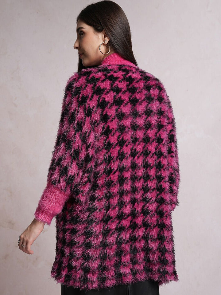 Tokyo Talkies Black Abstract Self Design Longline Front-Open Sweater