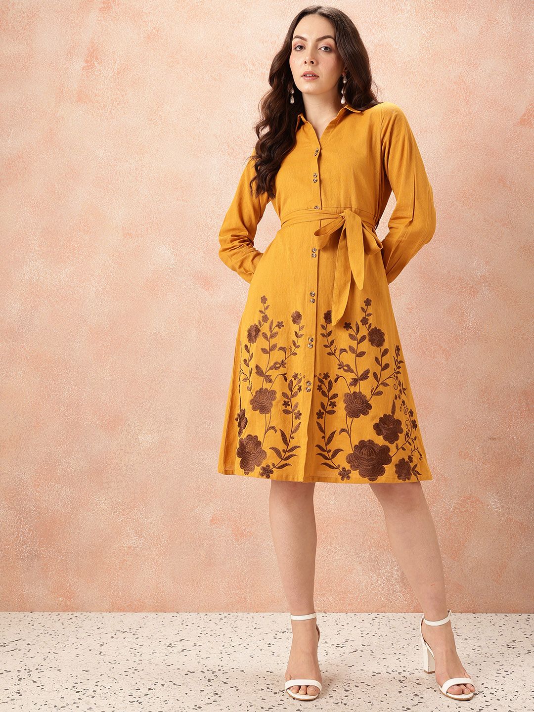all about you Floral Embroidered Waist Tie-Ups Shirt Dress