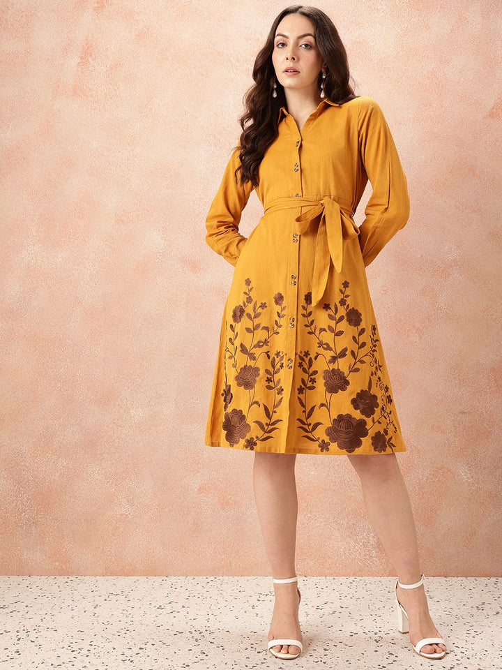 all about you Floral Embroidered Waist Tie-Ups Shirt Dress