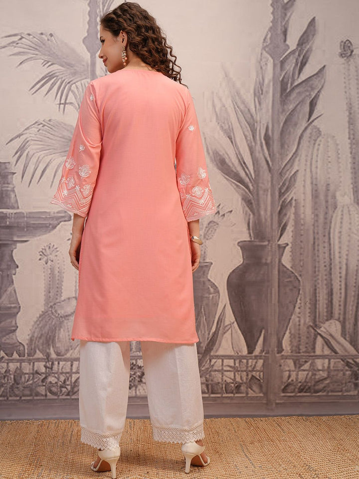 Vishudh Peach Coloured Floral Embroidered V-Neck Straight Kurta