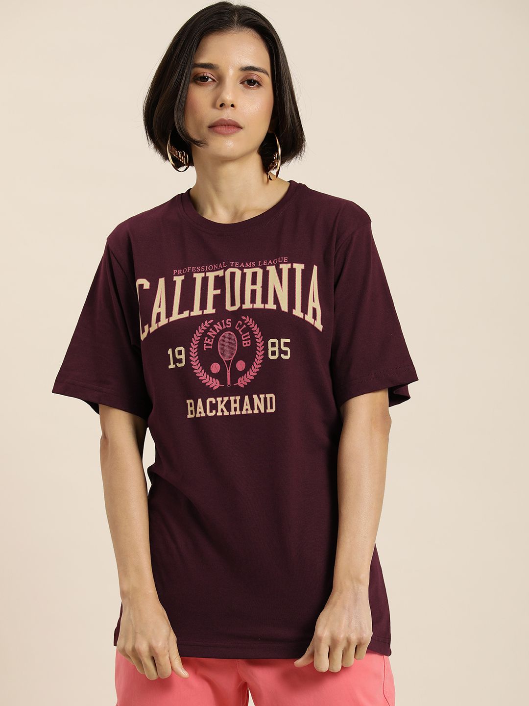 DILLINGER Women Burgundy & Cream-Coloured Typography Pure Cotton Oversized T-shirt