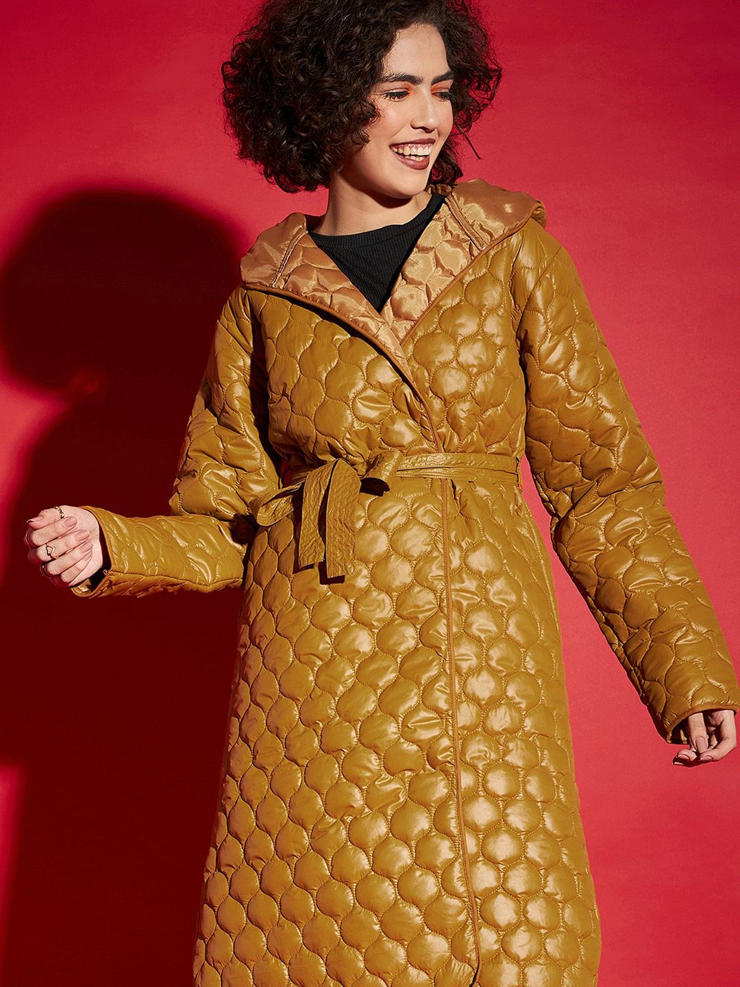 SASSAFRAS Mustard Yellow Hooded Longline Quilted Jacket With Belt