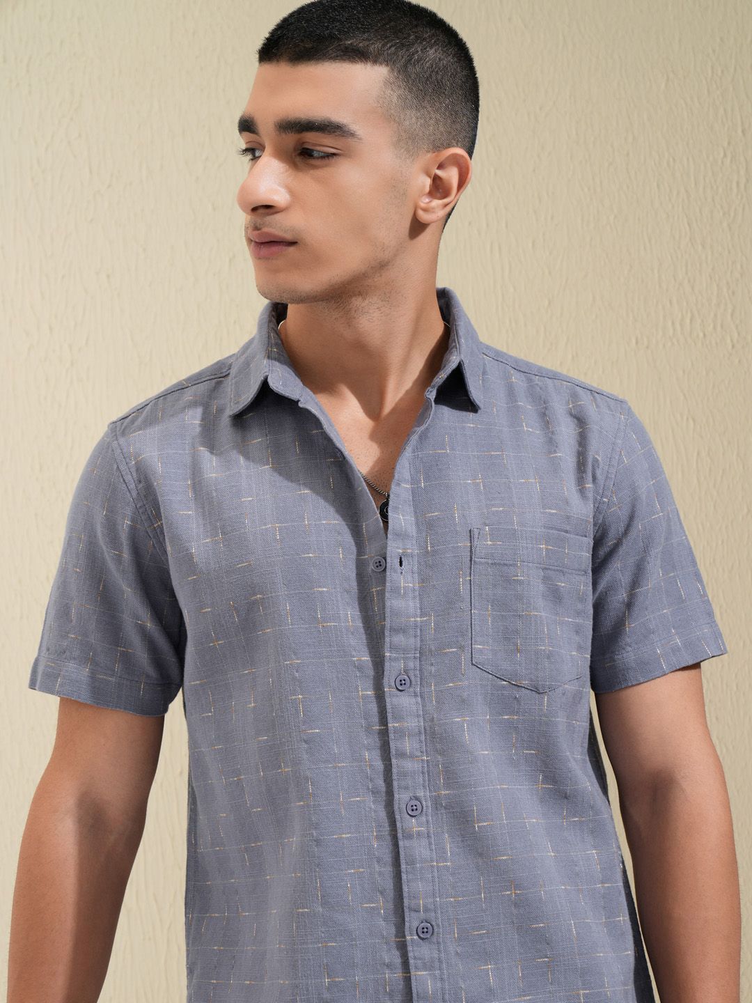 HIGHLANDER Men Special Yarn Dobby Textured Checked Casual Shirt