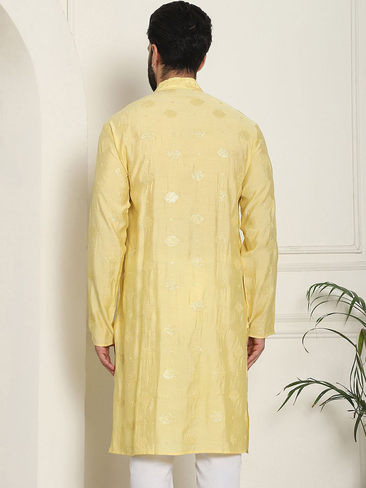 SOJANYA Kurta Lurus Sutera Berhias Geometrik Kolar Mandarin Kapas