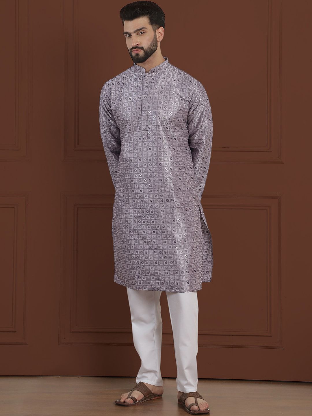 SOJANYA LUXE Ethnic Motifs Embroidered Mandarin Collar Straight Cotton Silk Kurta & Pyjama