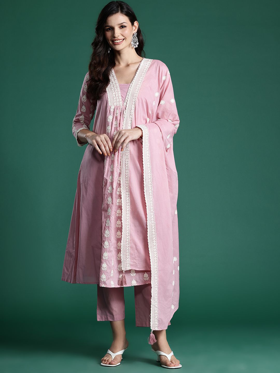 Indo Era Ethnic Motifs Embroidered Pleated Thread Work Pure Cotton Kurta Set