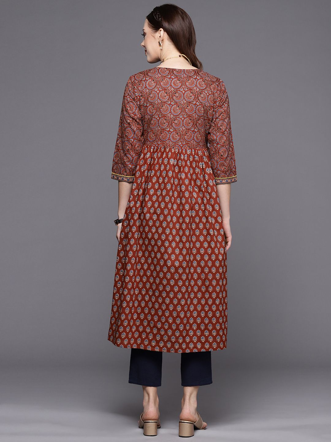 Varanga Women Maroon Alia cut Ethnic Jaipuri Printed A line Pure Cotton Kurta