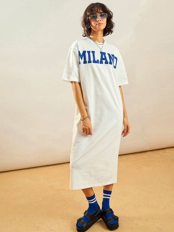 SASSAFRAS White Typographic Printed Pure Cotton Oversized T-shirt Dress