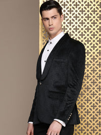 House of Pataudi Tailored Geometric Self Design Velvet Finish Single-Breasted Party Blazer