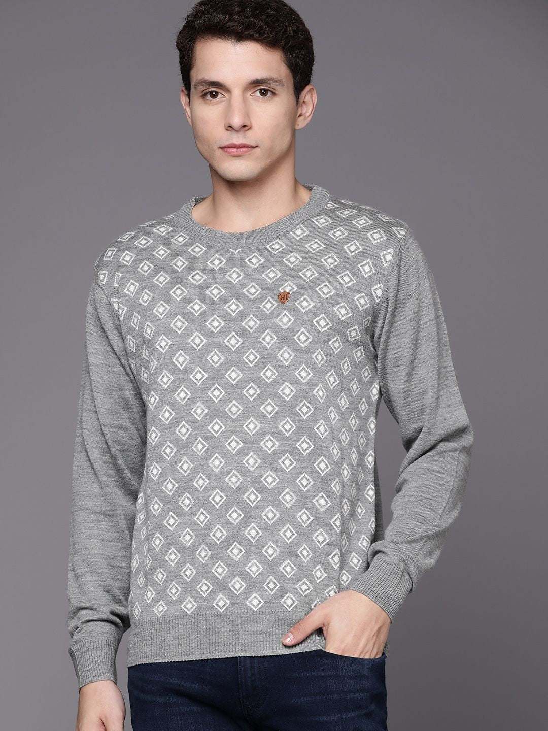 Raymond Men Grey Melange & White Self-Design Pullover