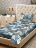 KLOTTHE Turquoise Blue & White Printed 300TC Fitted Single Bedsheet & Pillow Cover