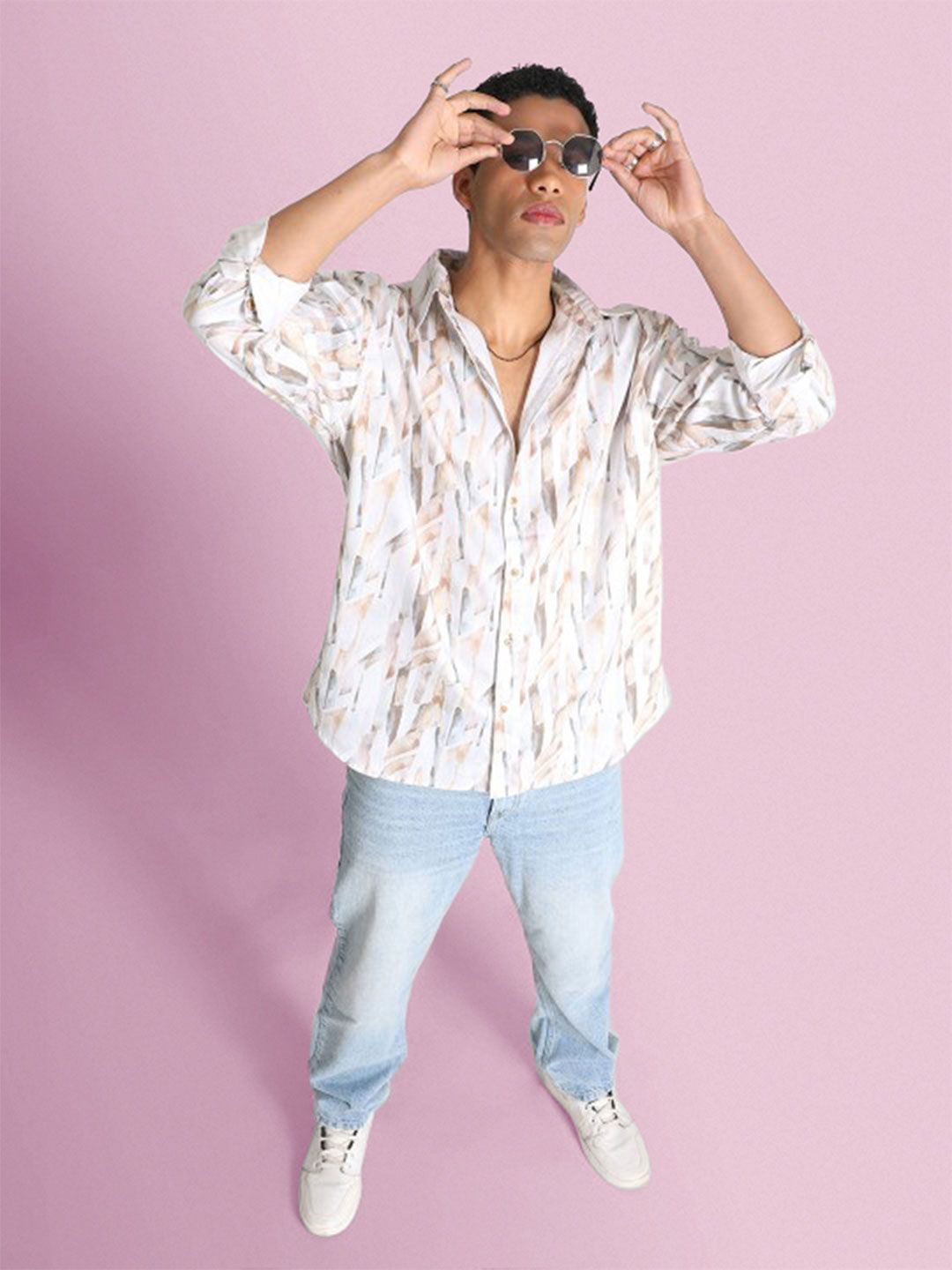 Bene Kleed Men Classic Spread Collar Abstract Printed Cotton Oversized Casual Shirt