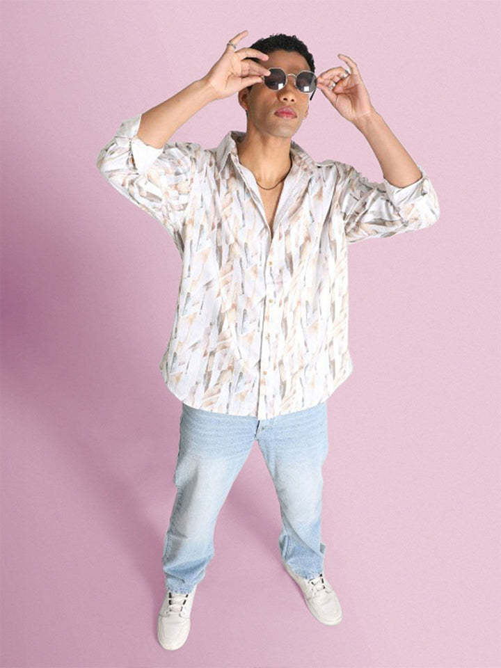 Bene Kleed Men Classic Spread Collar Abstract Printed Cotton Oversized Casual Shirt