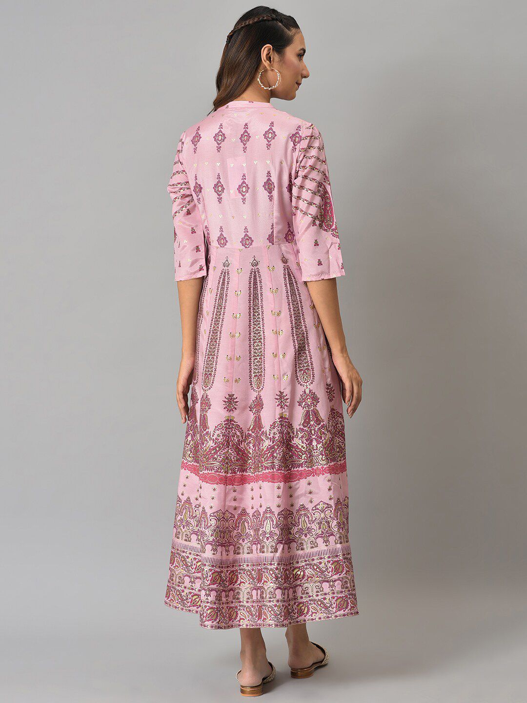 W Pink Ethnic Motifs Midi Fit And Flare Ethnic Dress