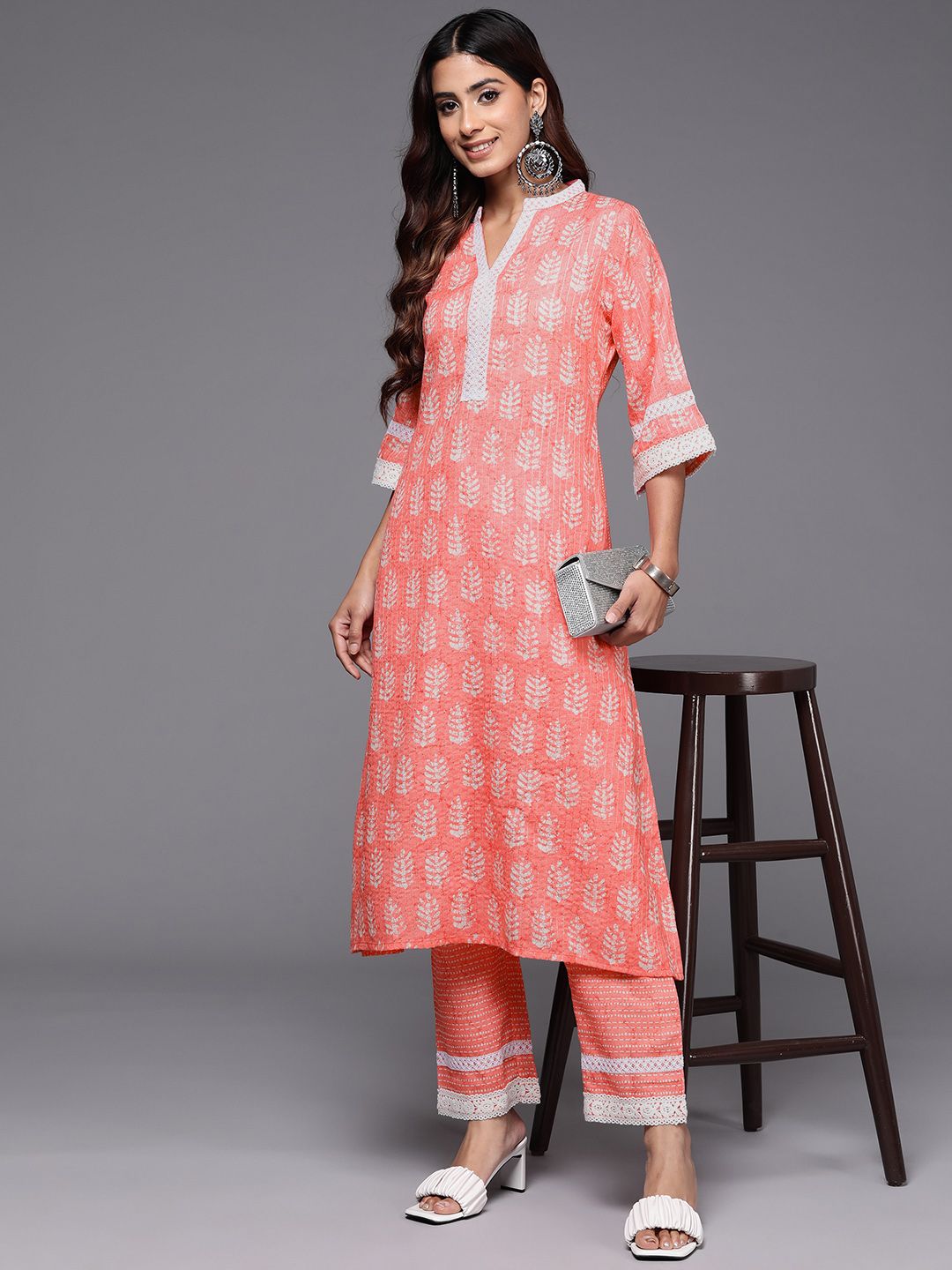 Libas Floral Printed Regular Sequinned Kurta with Trousers