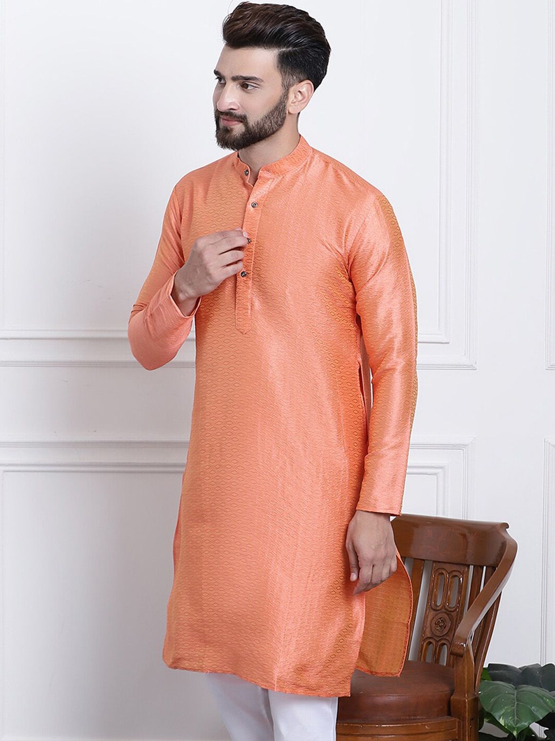 SOJANYA Kurta Lurus Kolar Mandarin Rekaan Tenun Geometrik